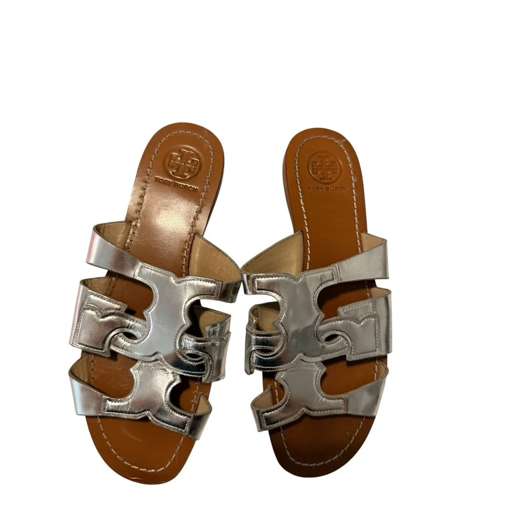 Tory Burch Silver Slides Slide On Sandals Size 6